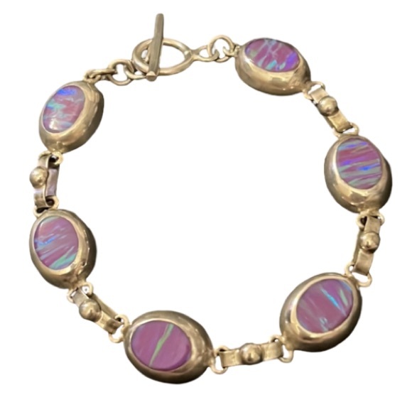 Vintage Sterling Silver Purple Opal Crystal Inlay Oval Link Toggle Bracelet - Picture 2 of 7